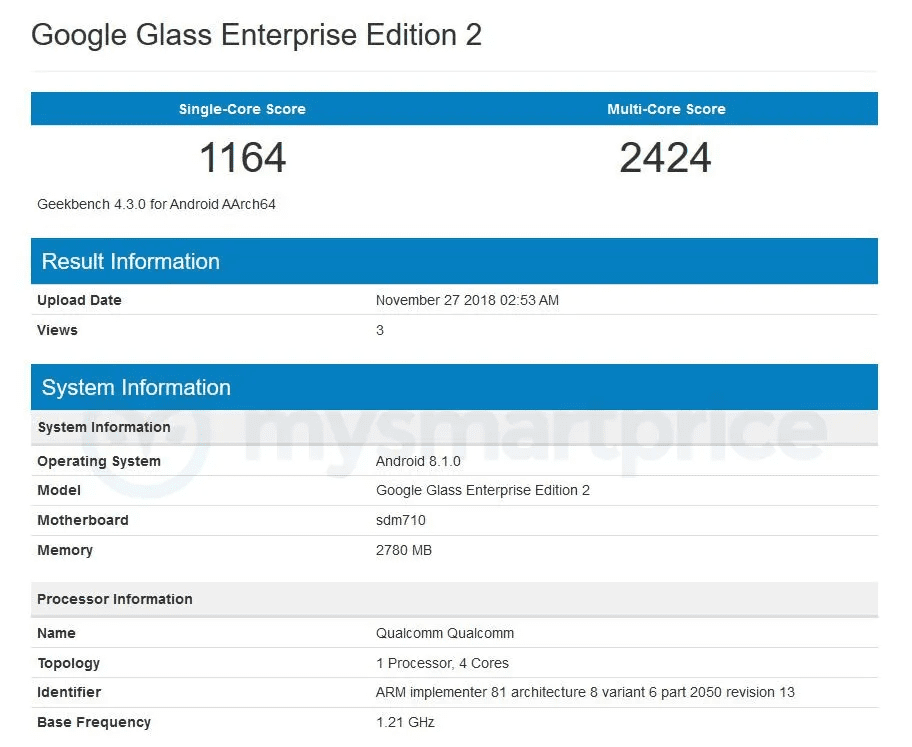 Geekbench declassified a powerful filling of unannounced Google Glass 2