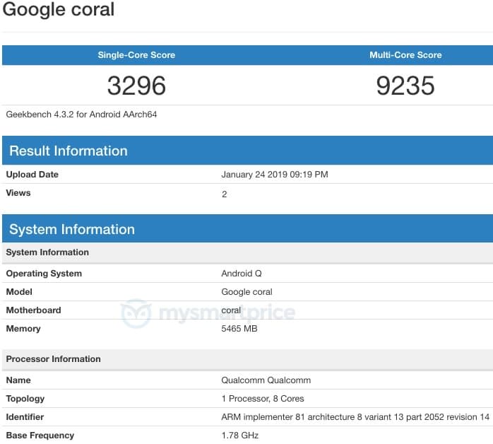 Pixel 4 was tested in Geekbench